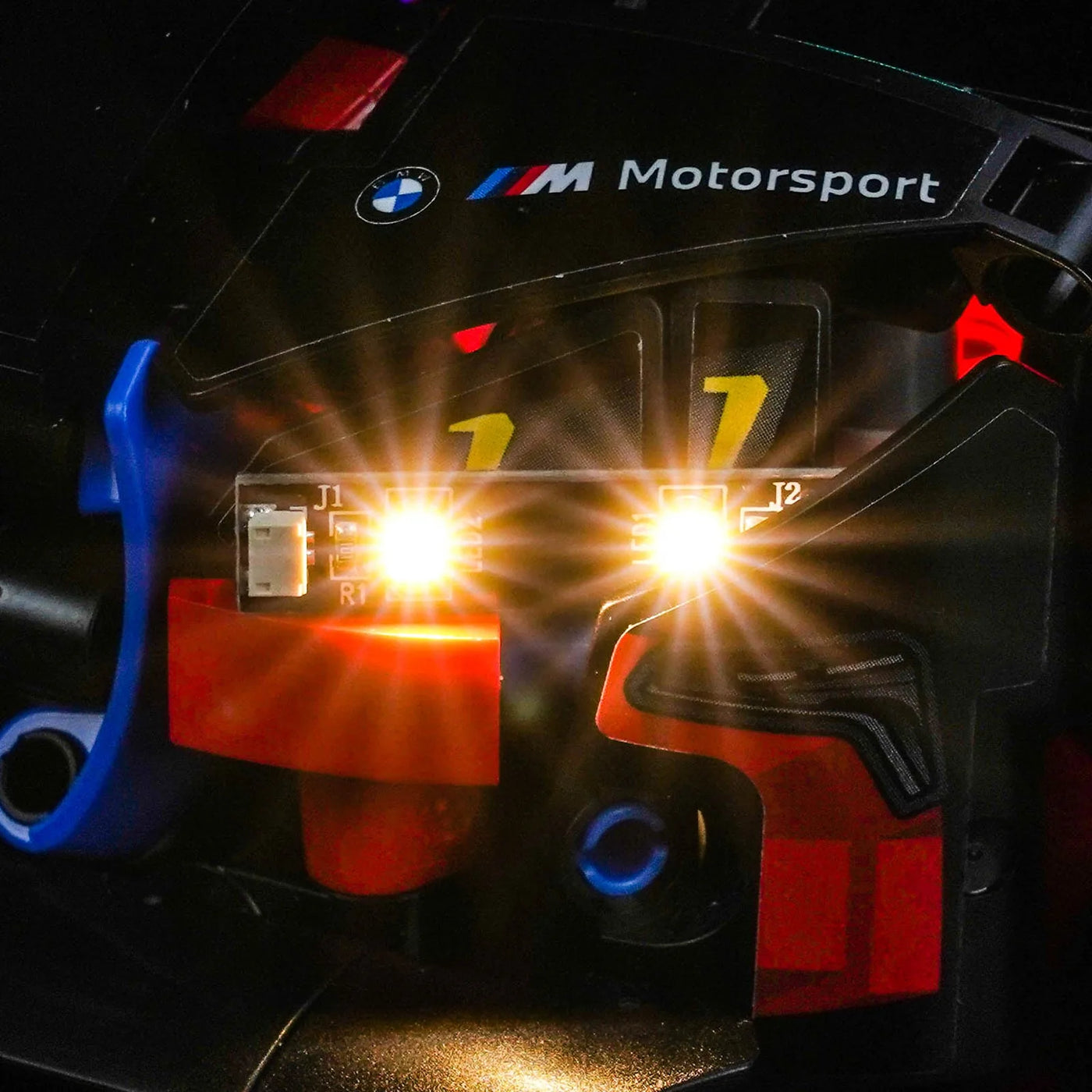 LEGO® Technic BMW M4 GT3 EVO Race Car #42226 installed and glowing, with the LED light kit