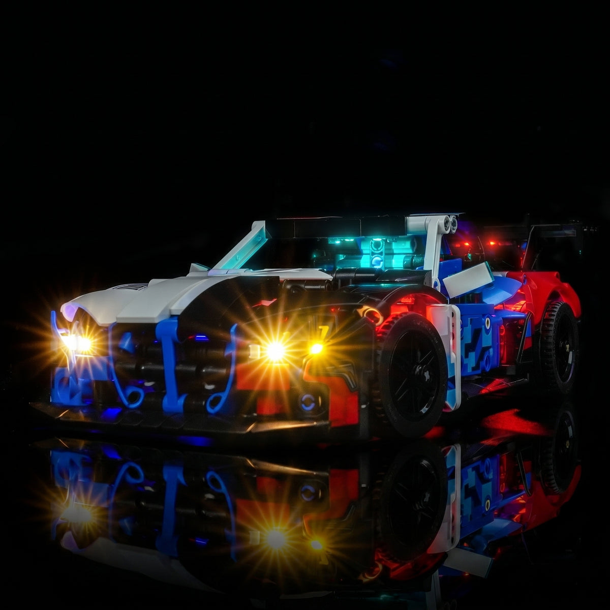 Bright My Bricks LED light kit for LEGO® Technic BMW M4 GT3 EVO Race Car #42226 — illuminated at night