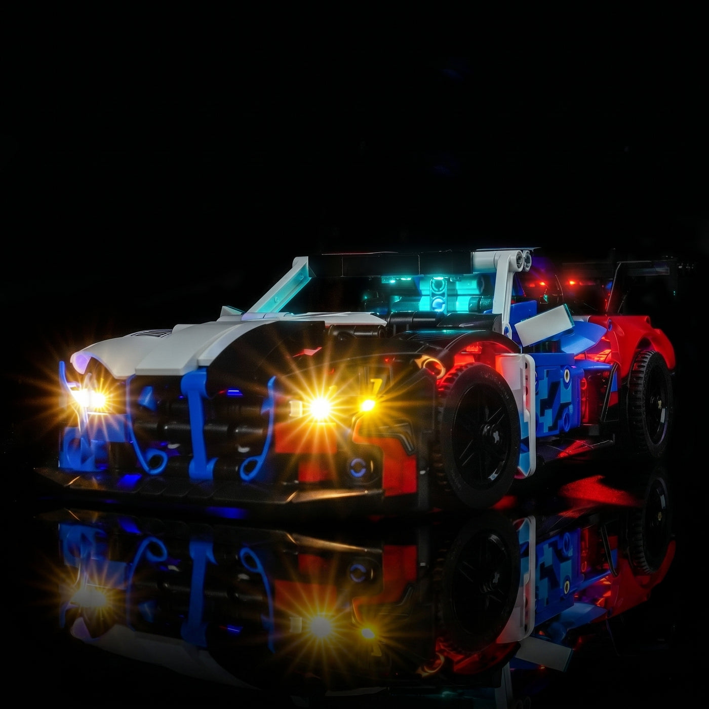 Bright My Bricks LED light kit for LEGO® Technic BMW M4 GT3 EVO Race Car #42226 — illuminated at night