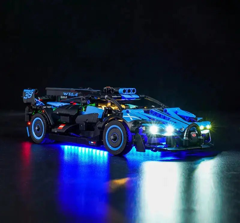 LEGO Technic Bugatti Bolide Agile Blue #42162 with LED lights installed
