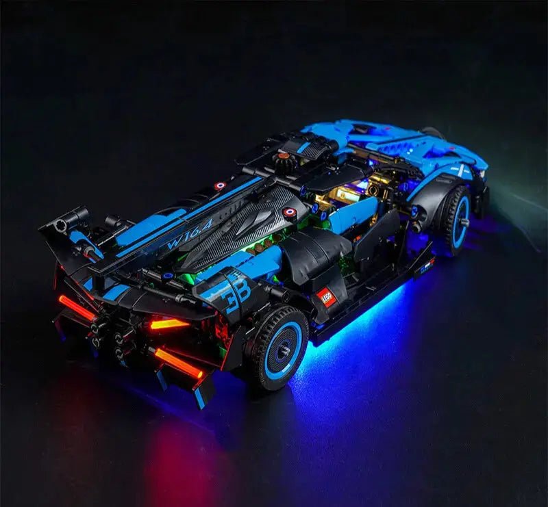LEGO Technic Bugatti Bolide Agile Blue #42162 illuminated at night