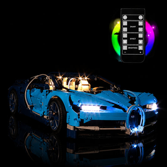 custom LED lighting for LEGO® Technic Bugatti Chiron #42083, fully illuminated on display