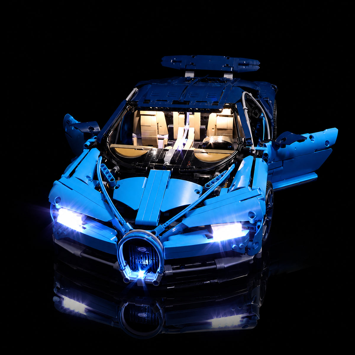 LEGO® Technic Bugatti Chiron #42083 — fully illuminated on display (display light kit)