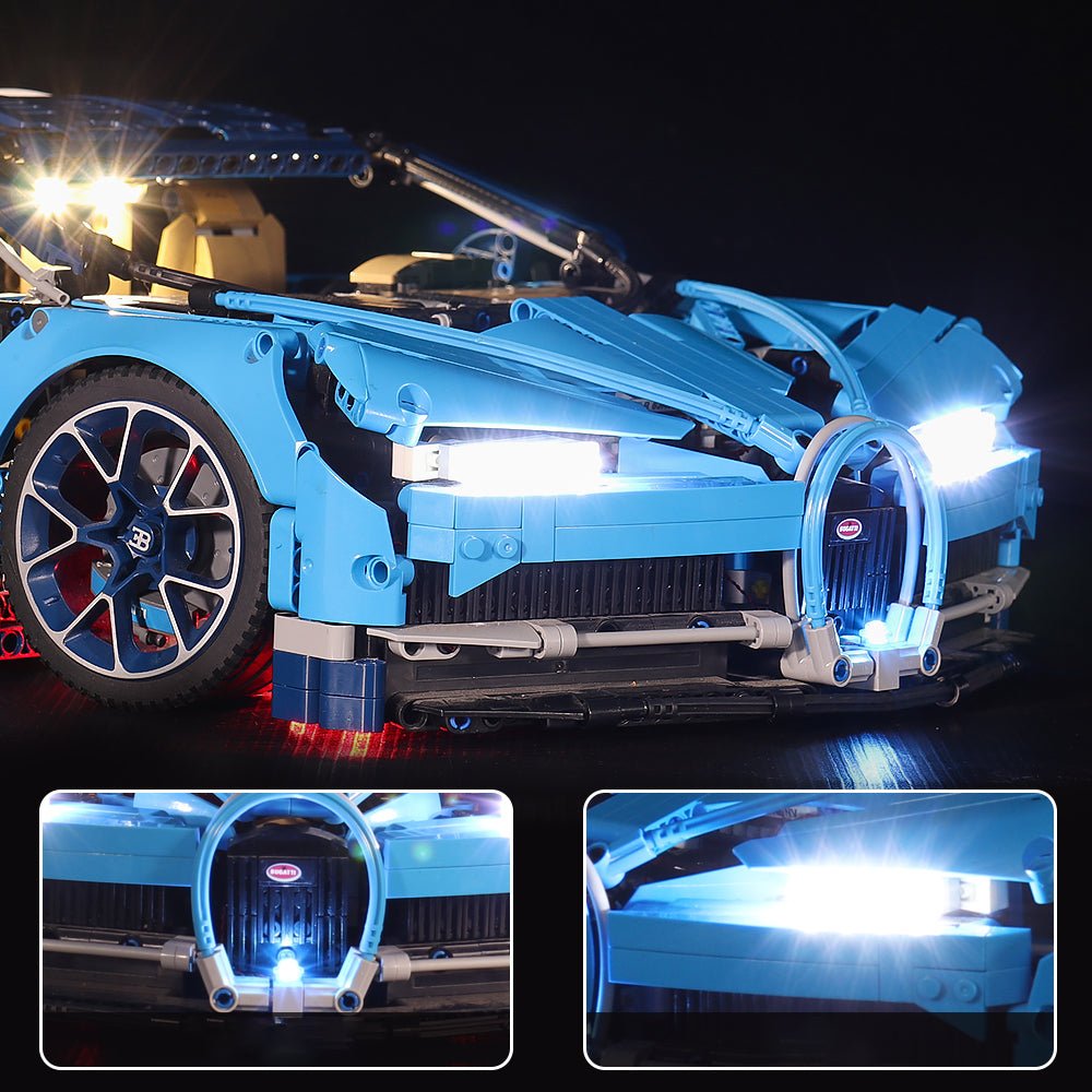Close-up of LED lights on LEGO Technic Bugatti Chiron #42083