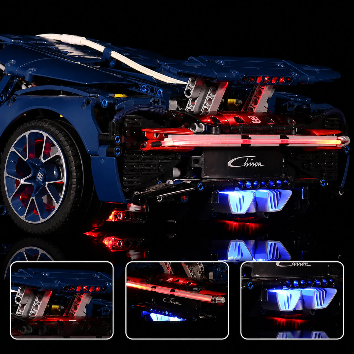 warm LED glow detail: Bright My Bricks RGB LED light kit for LEGO® Technic Bugatti Chiron #42083
