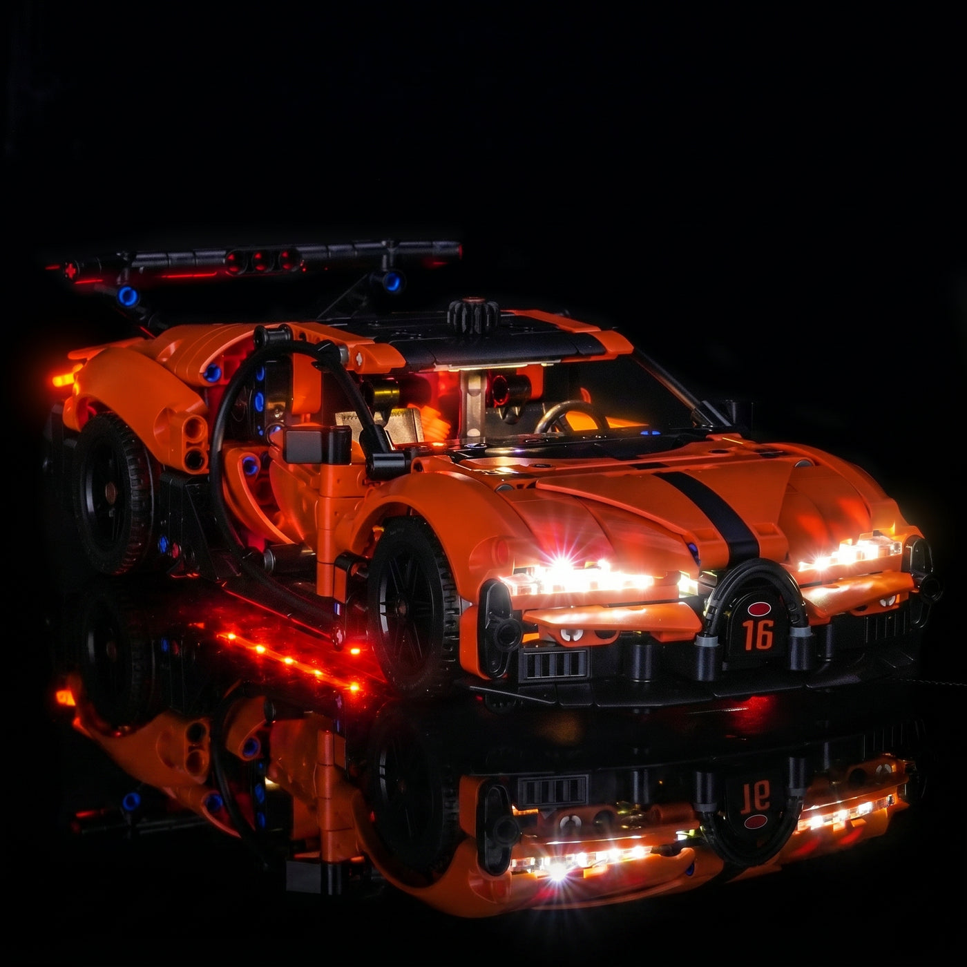 LEGO® Technic Bugatti Chiron Pur Sport Hypercar #42222 — front view fully lit (light kit)