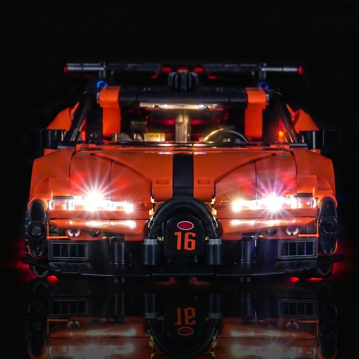 Bright My Bricks light kit for LEGO® Technic Bugatti Chiron Pur Sport Hypercar #42222 — side angle with lights on