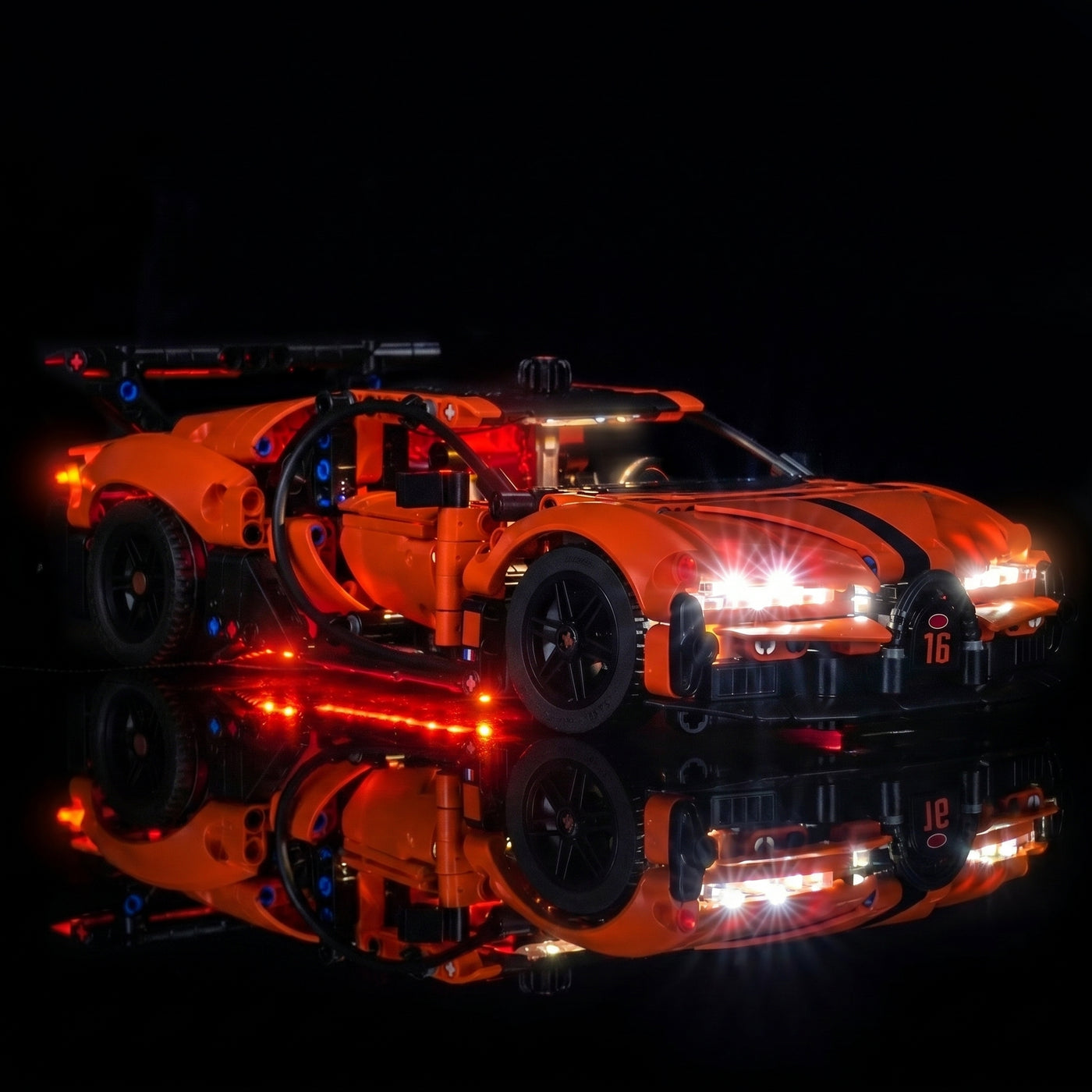 LEGO® Technic Bugatti Chiron Pur Sport Hypercar #42222 LED kit powered on, with the light kit