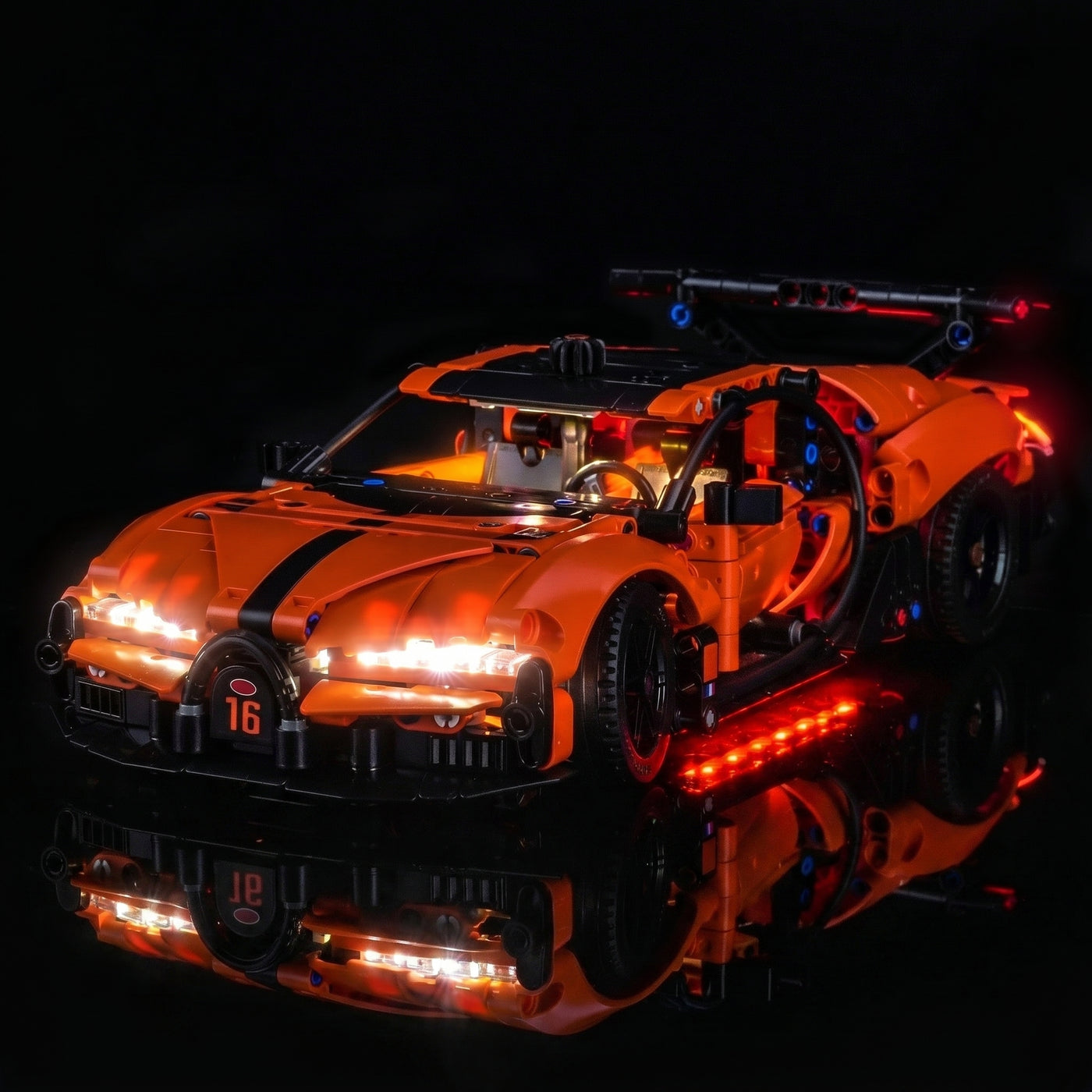 RGB LED light kit for LEGO® Technic Bugatti Chiron Pur Sport Hypercar #42222, close-up of the LED lighting detail