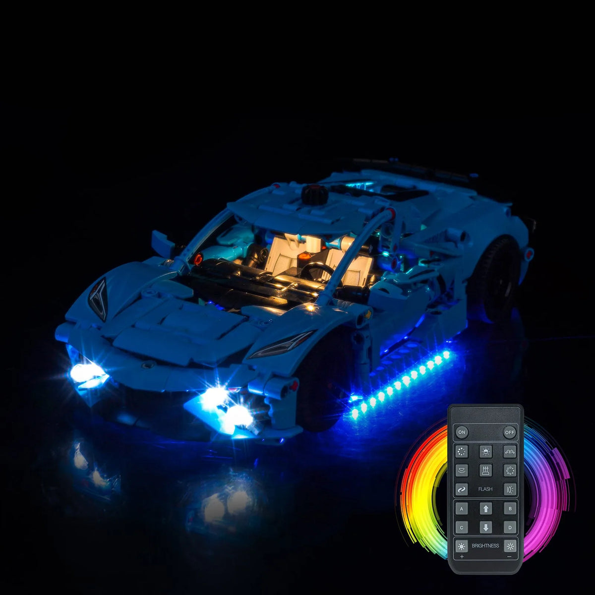 night-mode display glow: Bright My Bricks premium LED light kit for LEGO® Technic Chevrolet Corvette Stingray Blue #42217
