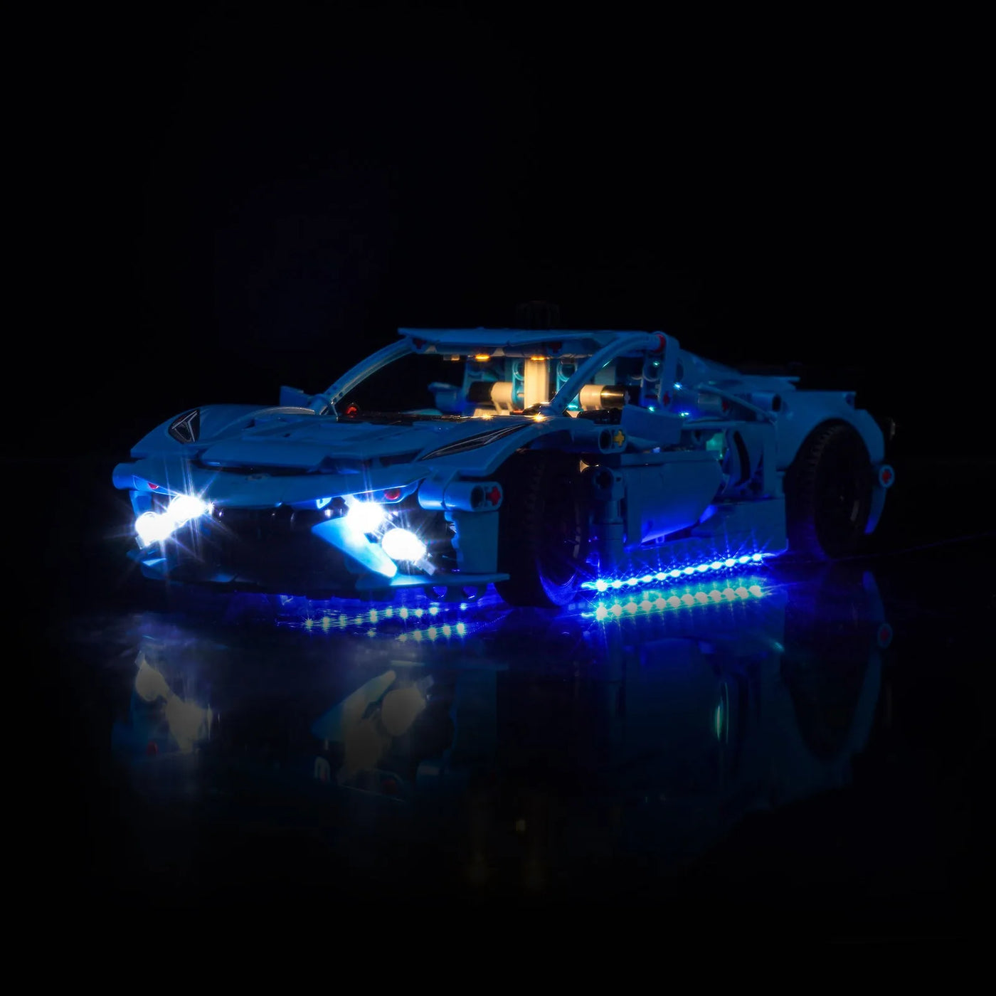 front view fully lit: Bright My Bricks DIY LED light kit for LEGO® Technic Chevrolet Corvette Stingray Blue #42217