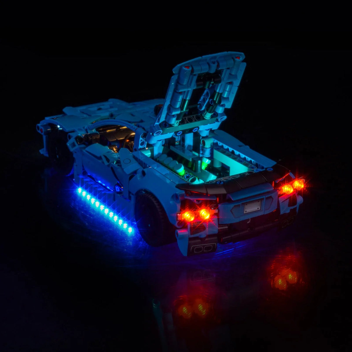 LEGO® Technic Chevrolet Corvette Stingray Blue #42217 brightened interior detail, with the LED light kit