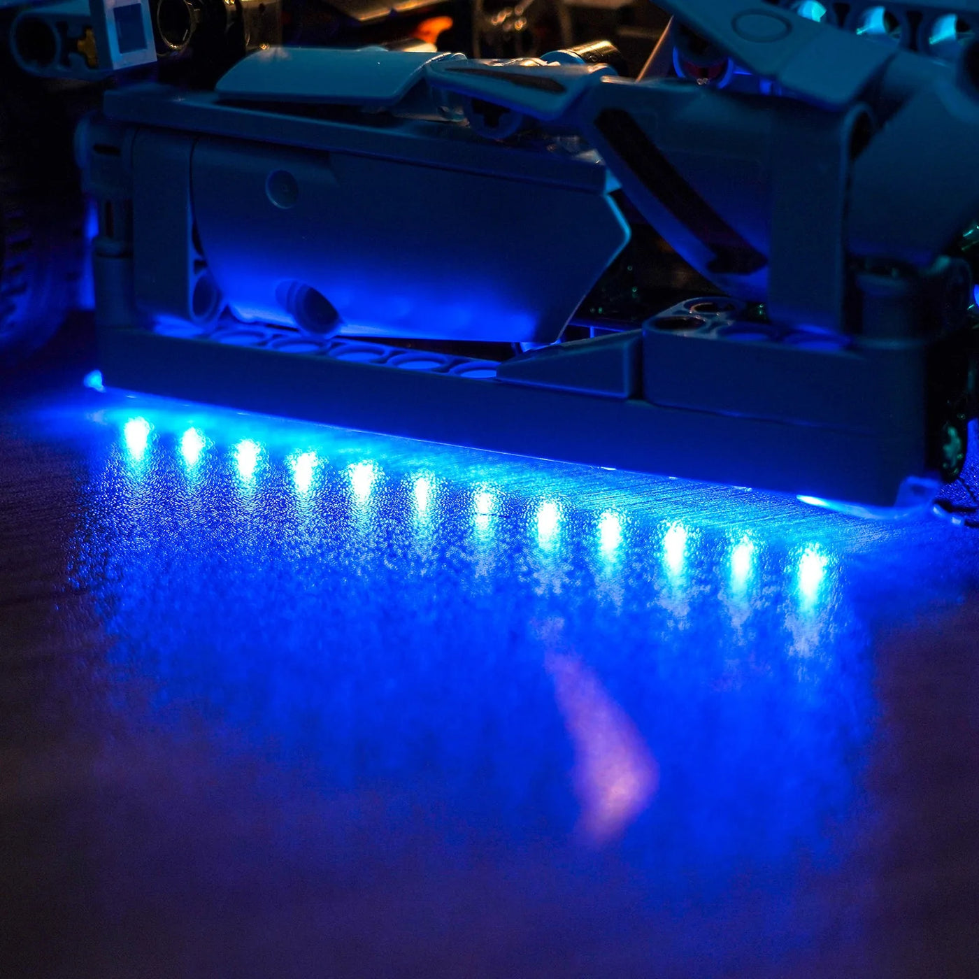 LEGO® Technic Chevrolet Corvette Stingray Blue #42217 brightened interior detail, with the display light kit