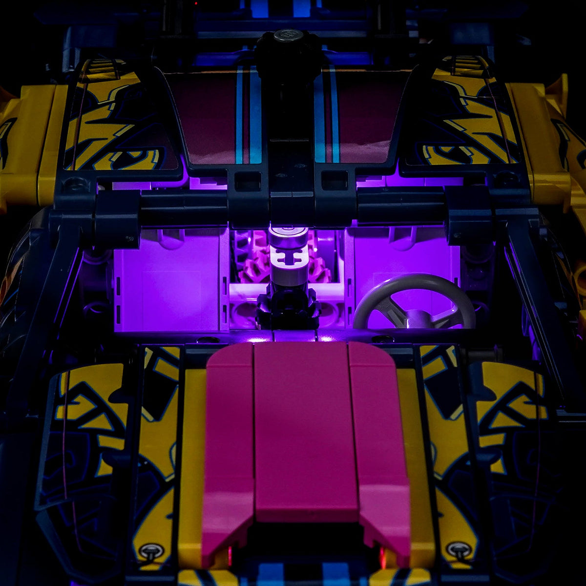 Bright My Bricks LED light kit for LEGO® Technic Custom Garage Ford Mustang GT Car #42236 — fully illuminated on display