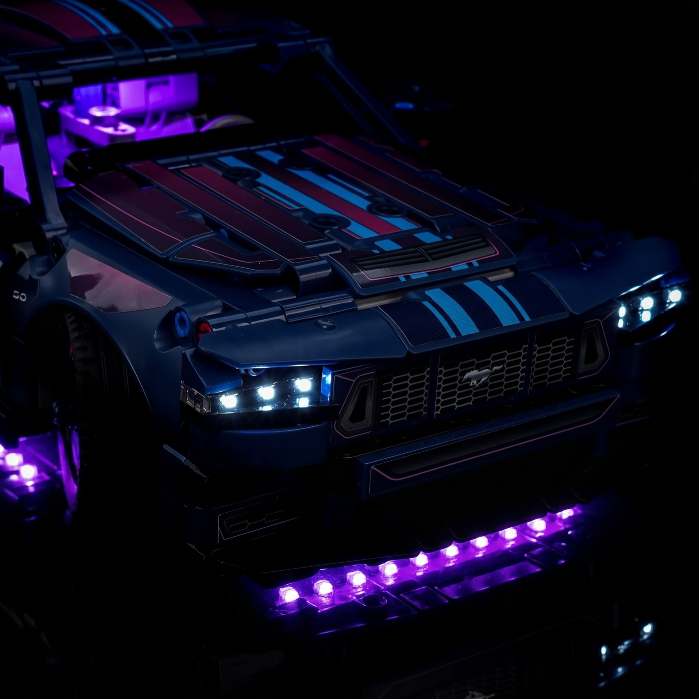 Bright My Bricks LED light kit for LEGO® Technic Custom Garage Ford Mustang GT Car #42236 — ambient LED glow across the build