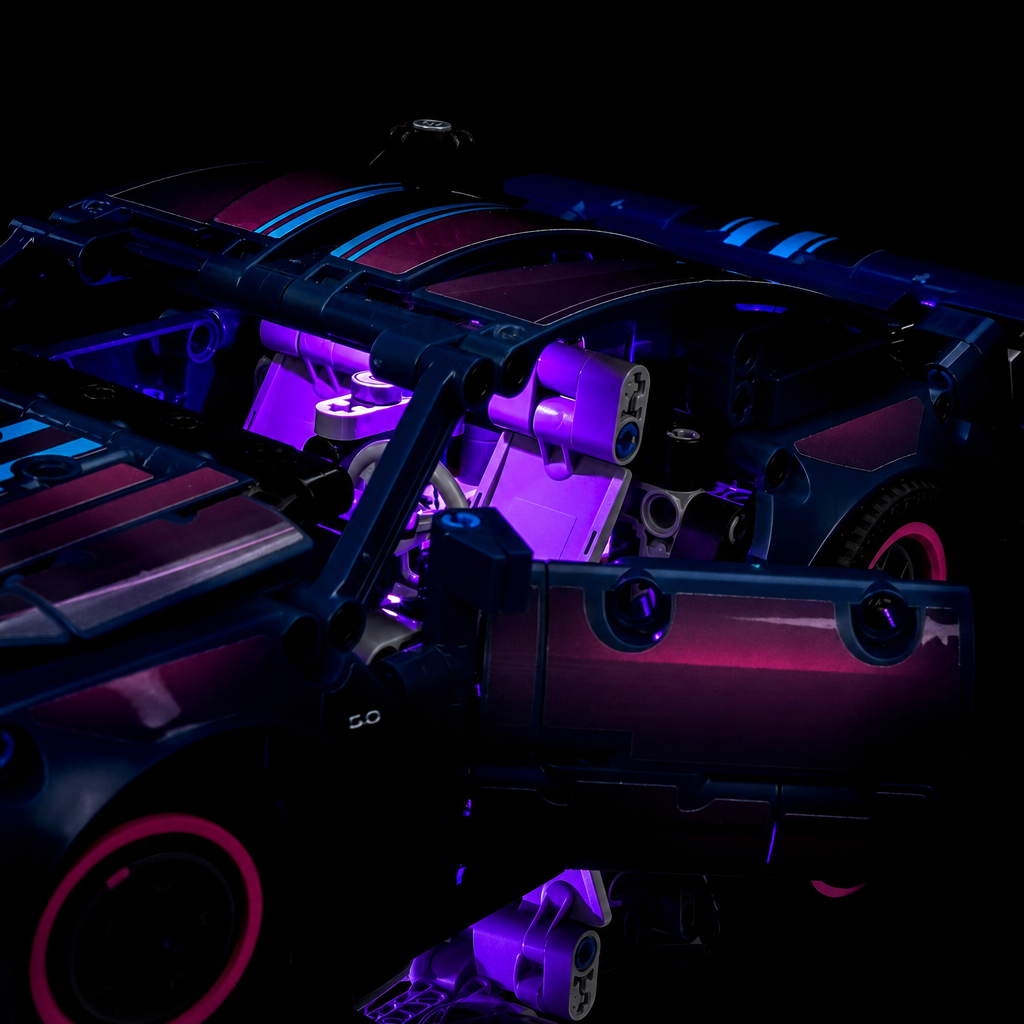 LEGO® Technic Custom Garage Ford Mustang GT Car #42236 evenly lit from within, with the USB-powered LED light kit