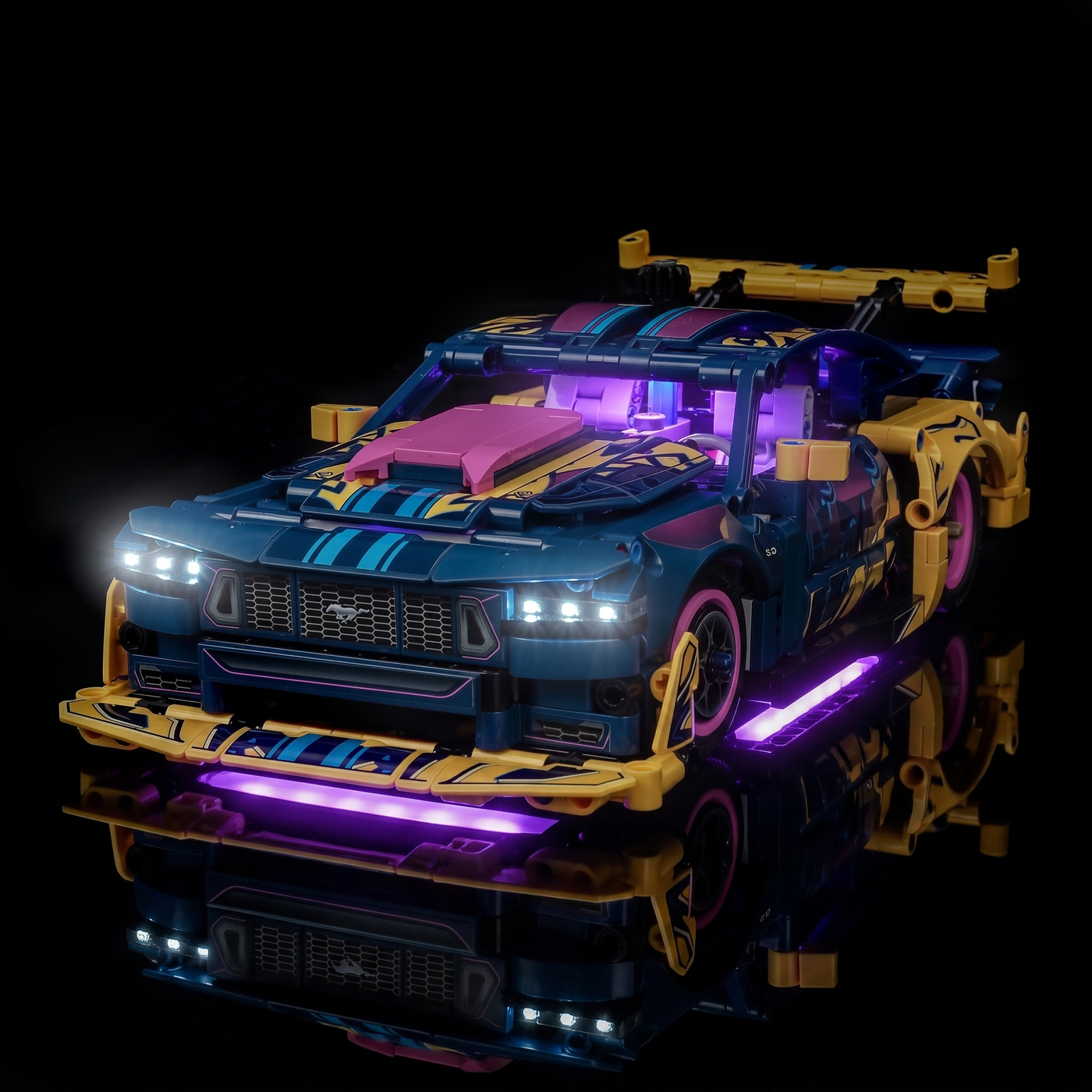 LEGO® Technic Custom Garage Ford Mustang GT Car #42236 display lighting in a dark room, with the USB-powered LED light kit