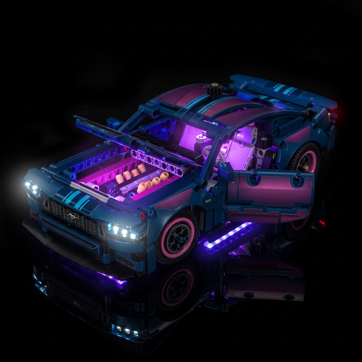 warm LED glow detail: Bright My Bricks LED lighting kit for LEGO® Technic Custom Garage Ford Mustang GT Car #42236