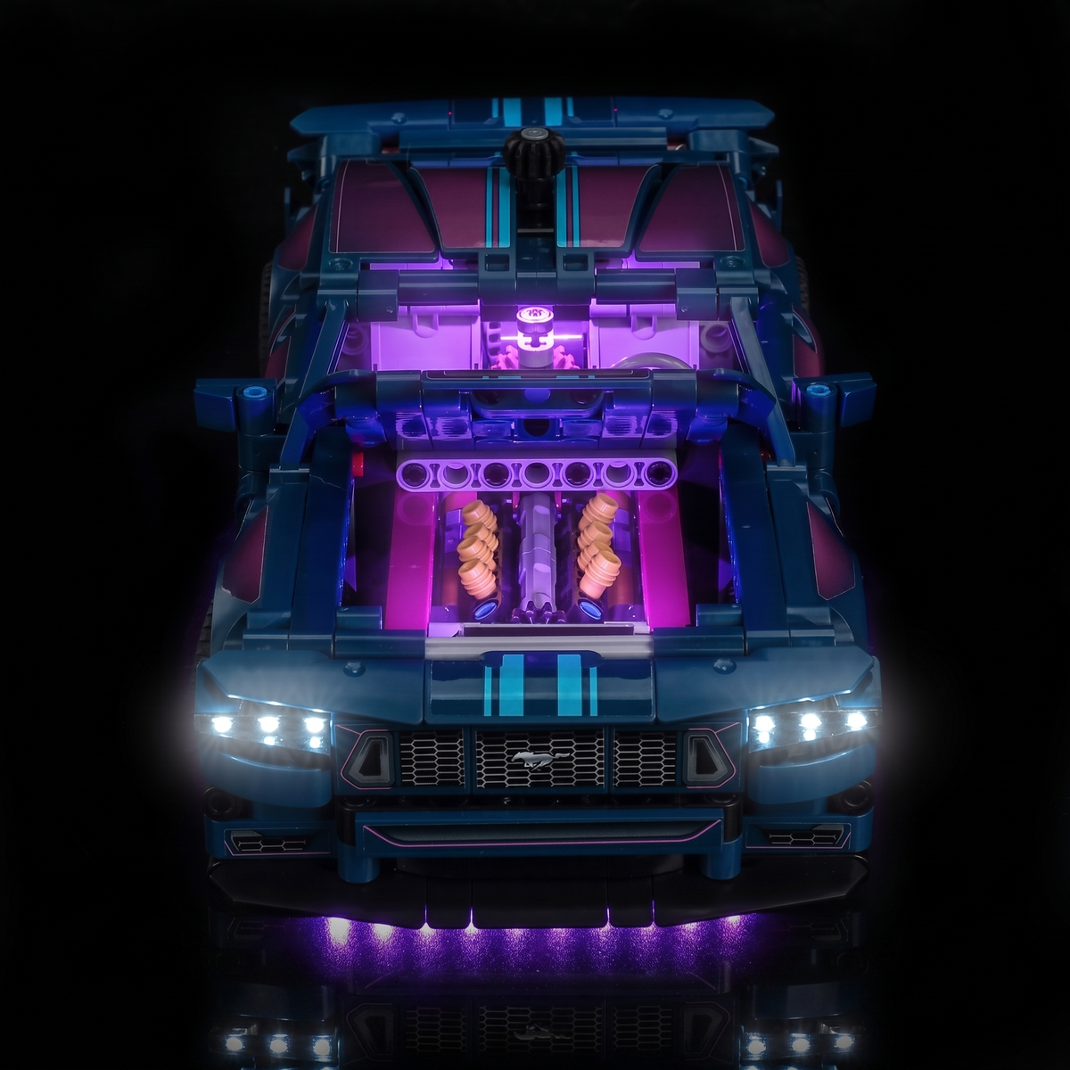 LED lights for LEGO® Technic Custom Garage Ford Mustang GT Car #42236, close-up of the LED lighting detail