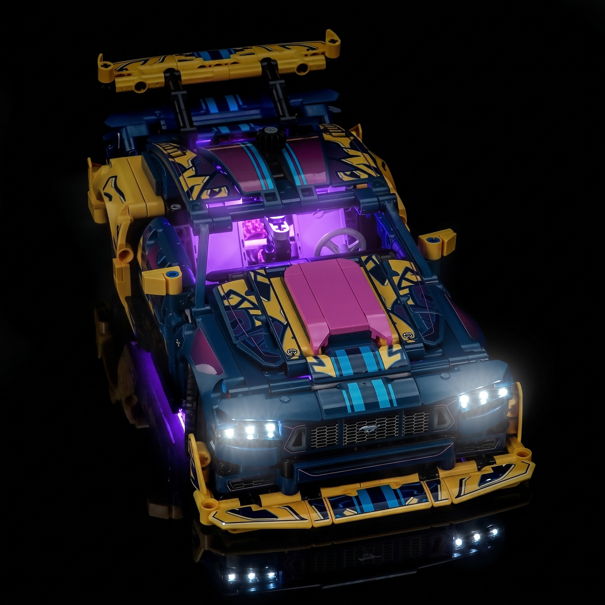 light kit for LEGO® Technic Custom Garage Ford Mustang GT Car #42236, illuminated at night