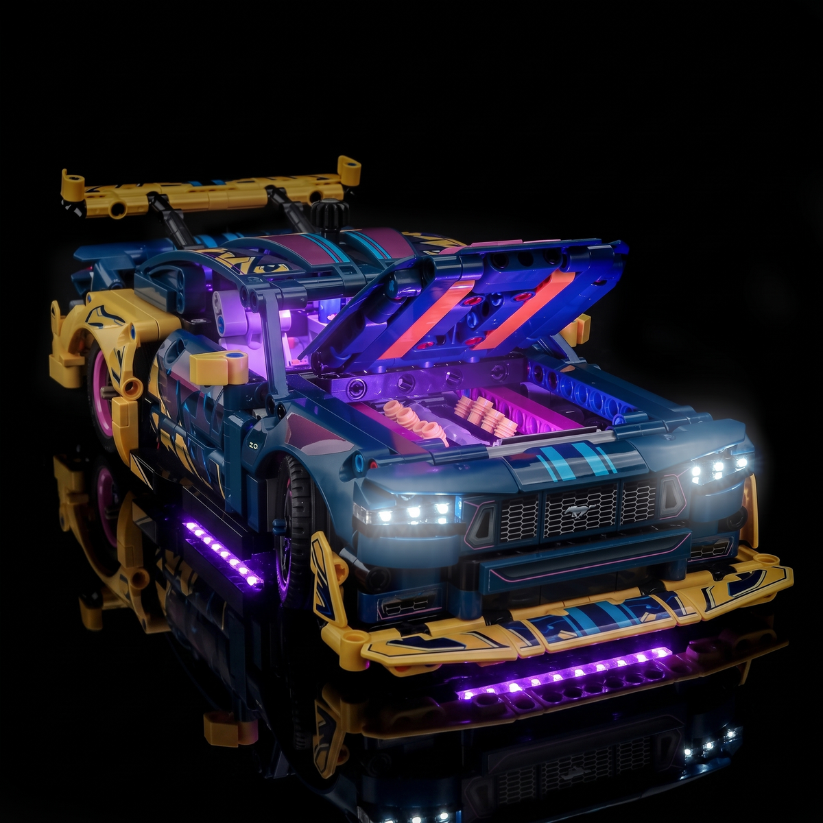 LEGO® Technic Custom Garage Ford Mustang GT Car #42236 lighting effect on the build, with the USB-powered LED light kit