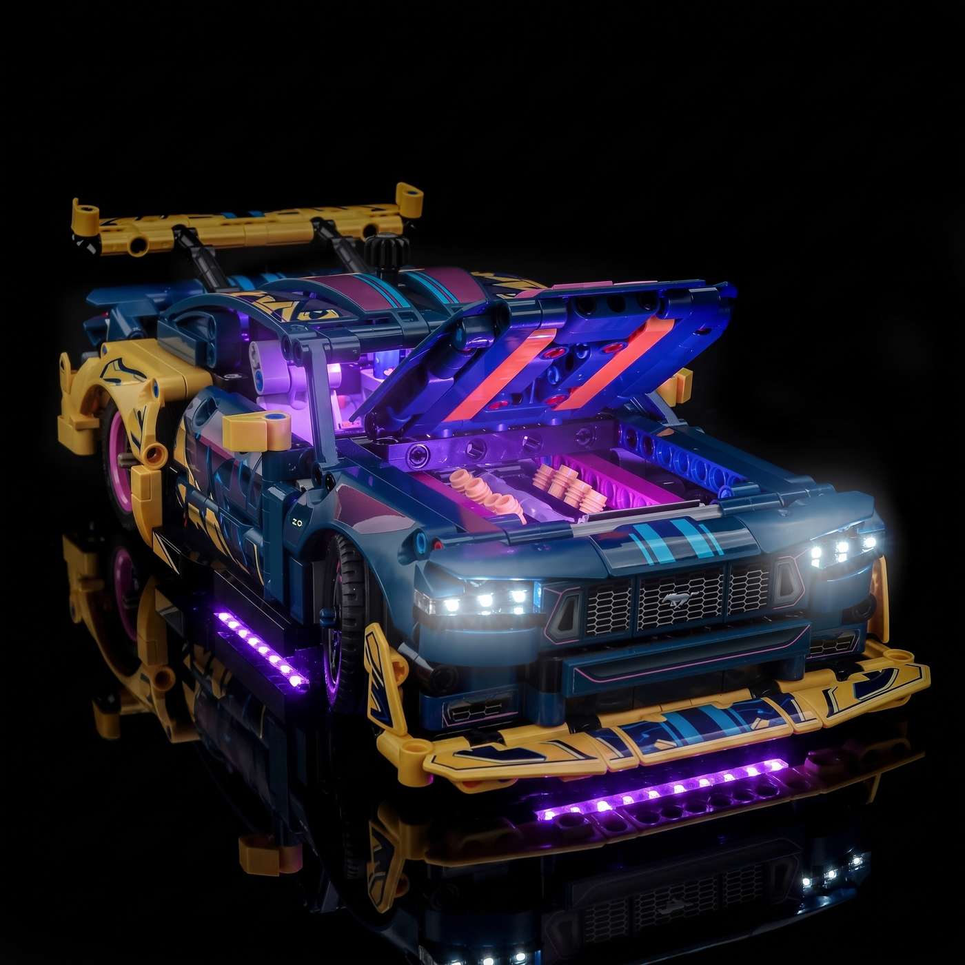 LEGO® Technic Custom Garage Ford Mustang GT Car #42236 lighting effect on the build, with the USB-powered LED light kit