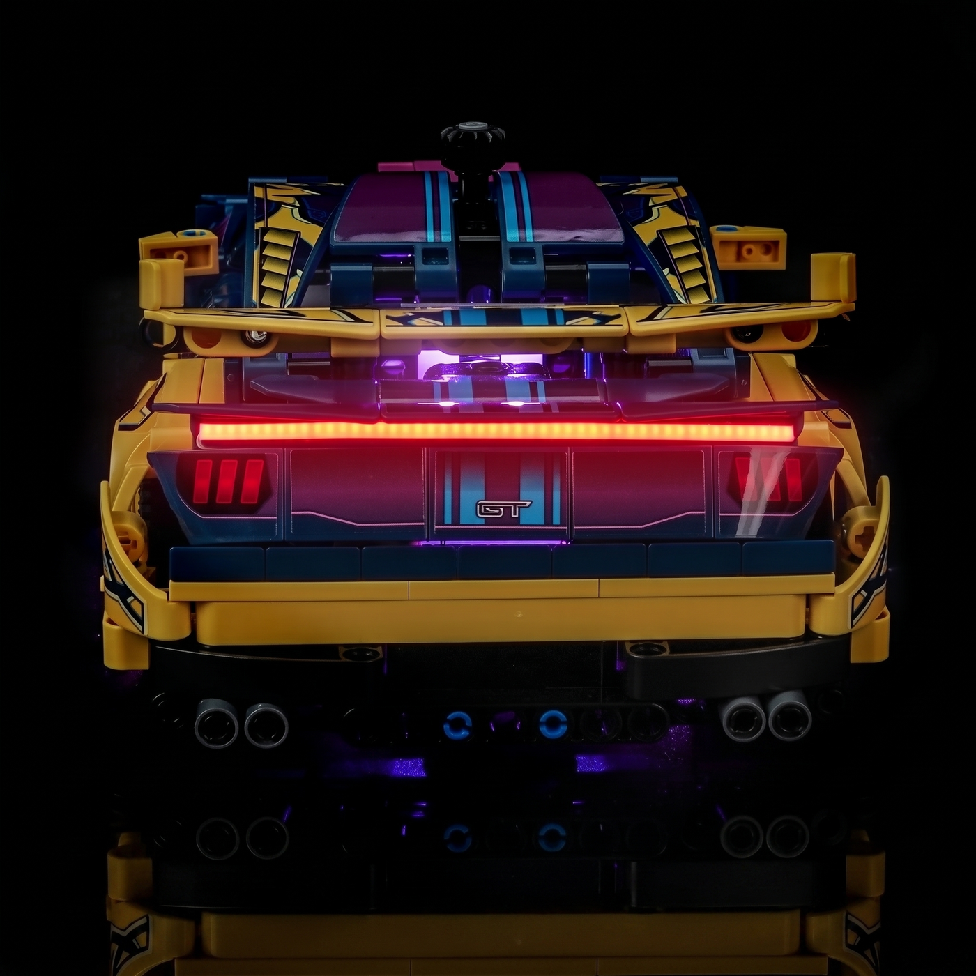LED kit powered on: Bright My Bricks LED lighting kit for LEGO® Technic Custom Garage Ford Mustang GT Car #42236
