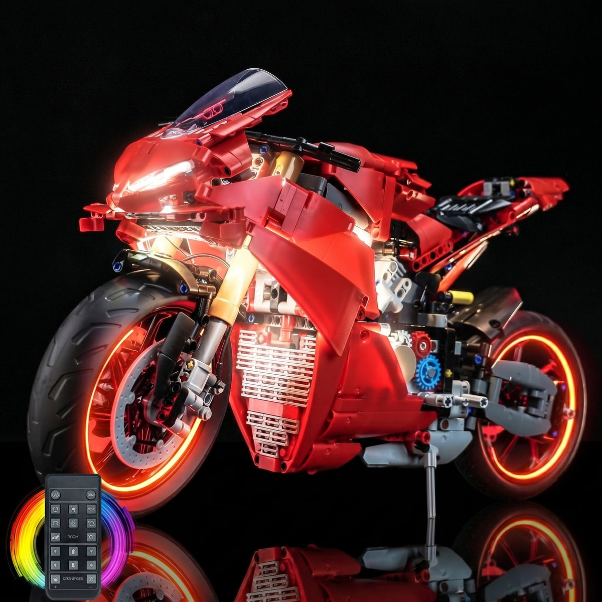 LEGO® Technic Ducati Panigale V4 S Motorcycle #42202 before-and-after lighting, with the light kit