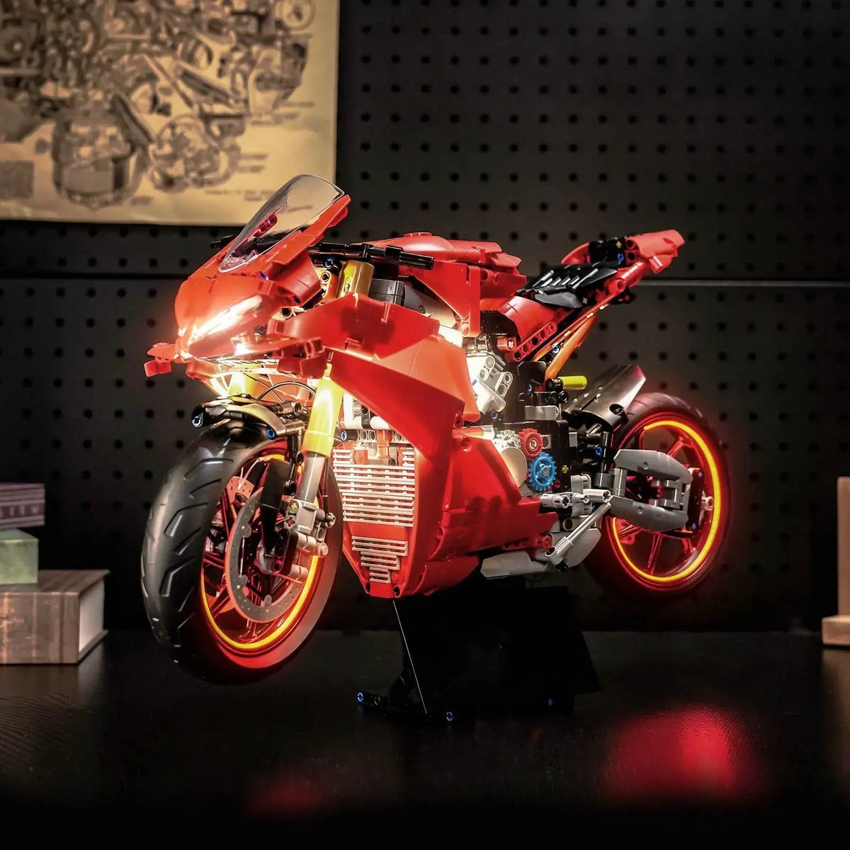 LEGO® Technic Ducati Panigale V4 S Motorcycle #42202 — warm LED glow detail (custom LED lighting)