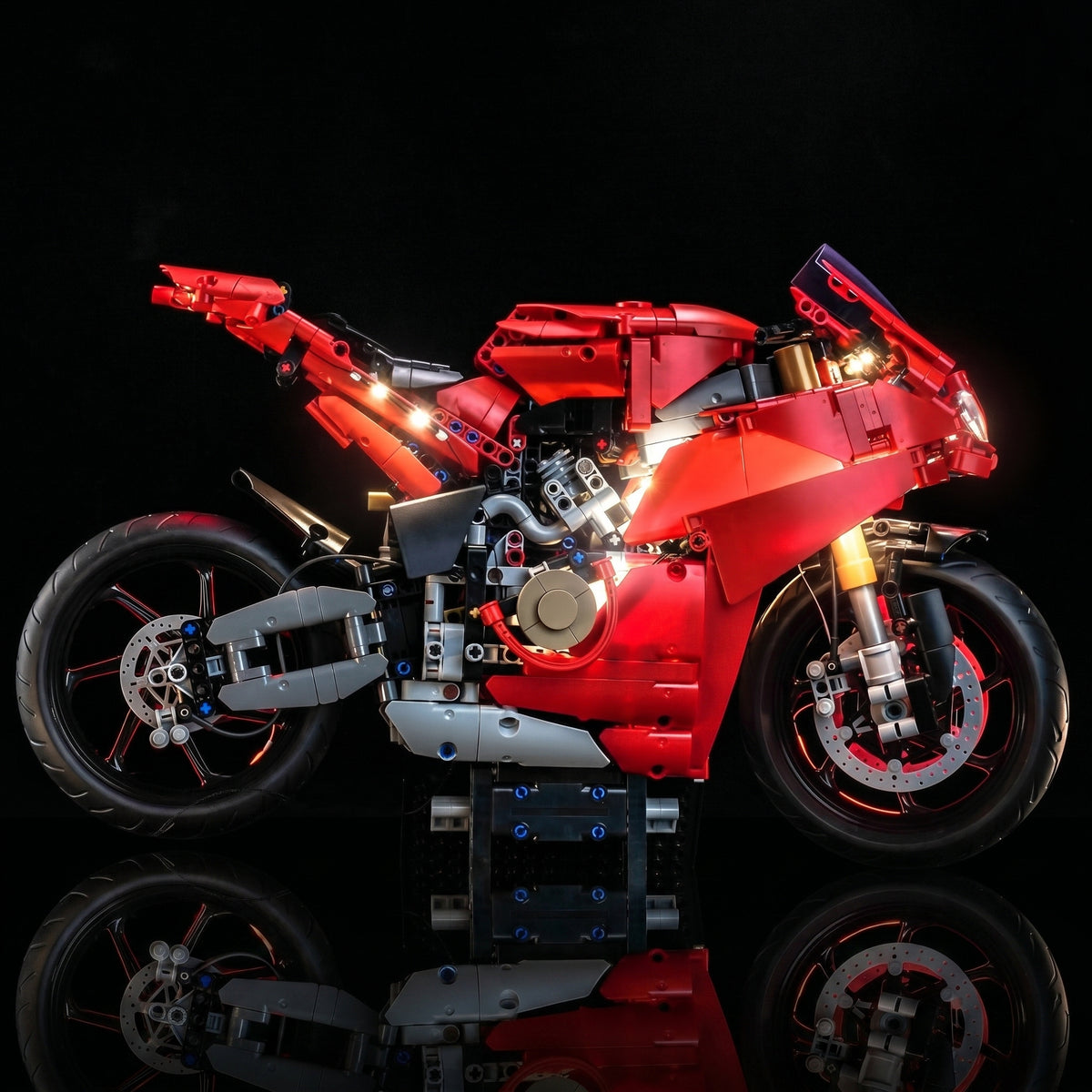 LEGO® Technic Ducati Panigale V4 S Motorcycle #42202 close-up of the LED lighting detail, with the light kit
