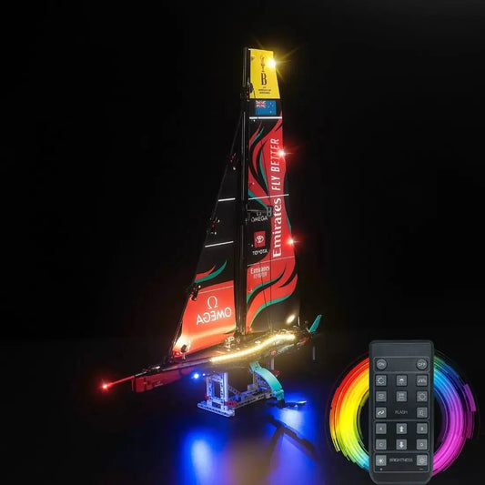 LEGO® Technic Emirates Team New Zealand AC75 Yacht #42174 — display lighting in a dark room (USB-powered LED light kit)