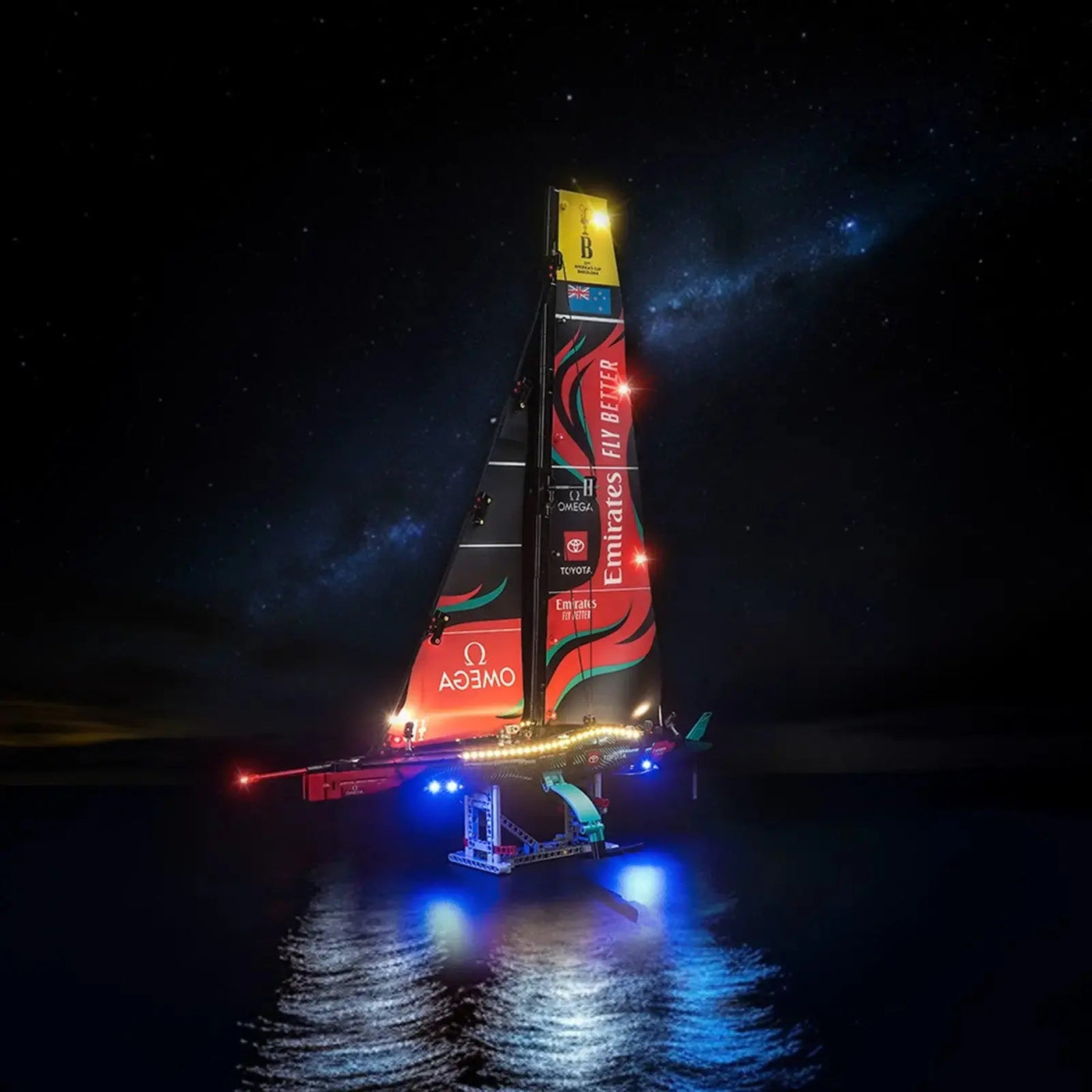 LED light kit for LEGO® Technic Emirates Team New Zealand AC75 Yacht #42174, front view fully lit