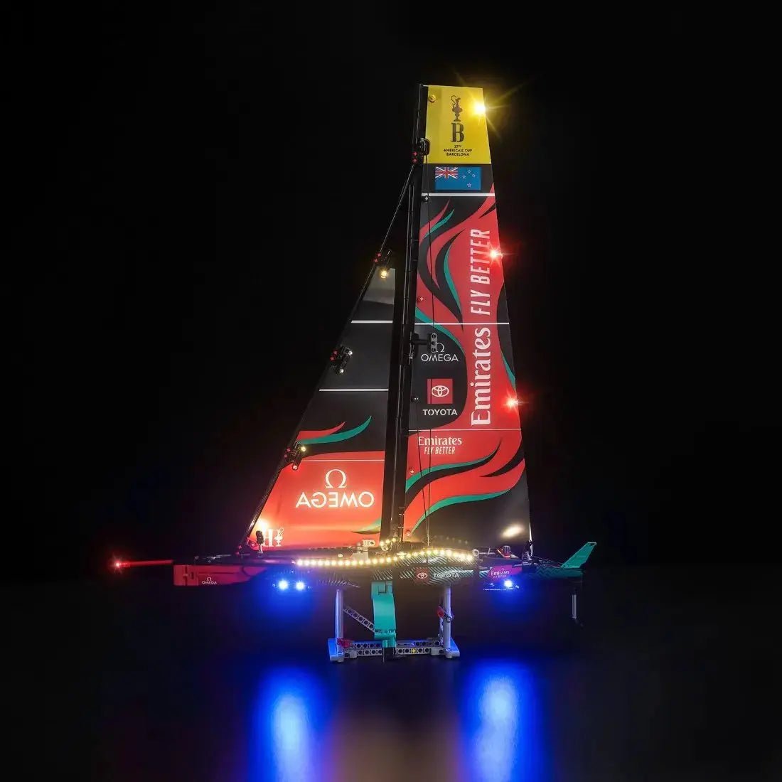 LEGO® Technic Emirates Team New Zealand AC75 Yacht #42174 — front view fully lit (RGB LED light kit)