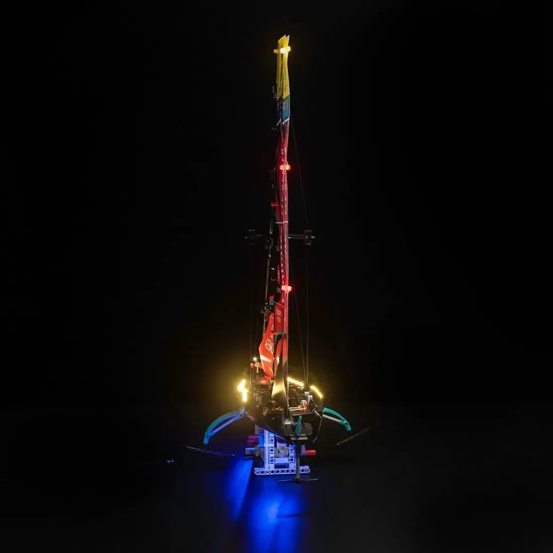 LEGO® Technic Emirates Team New Zealand AC75 Yacht #42174 front view fully lit, with the premium LED light kit