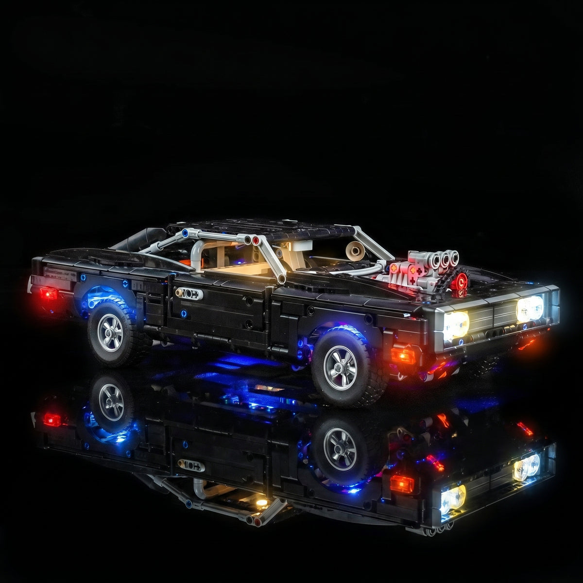 LED lighting kit for LEGO® Technic Fast and Furious Dodge Charger R/T #42231, front view fully lit