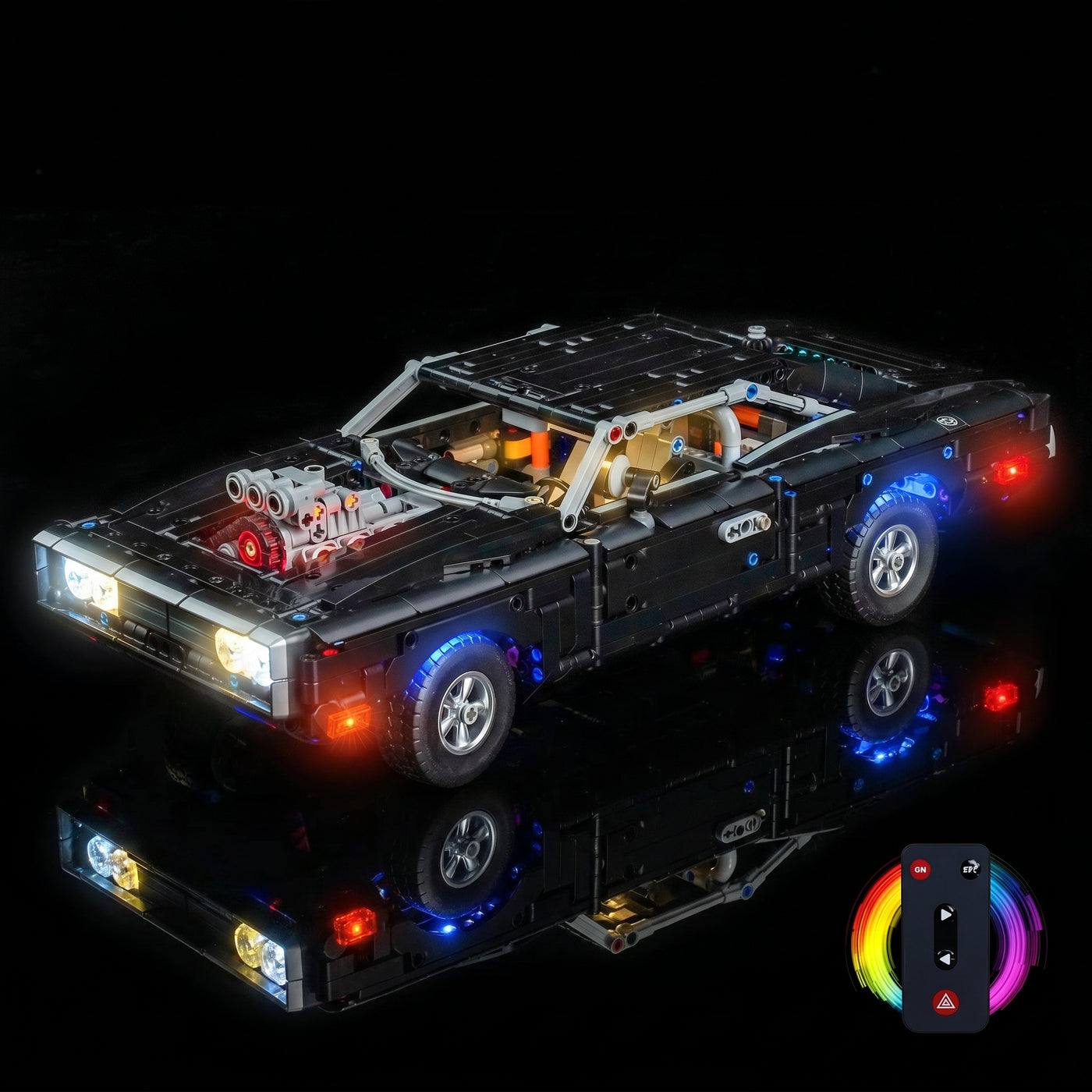 close-up of the LED lighting detail: Bright My Bricks light kit for LEGO® Technic Fast and Furious Dodge Charger R/T #42231