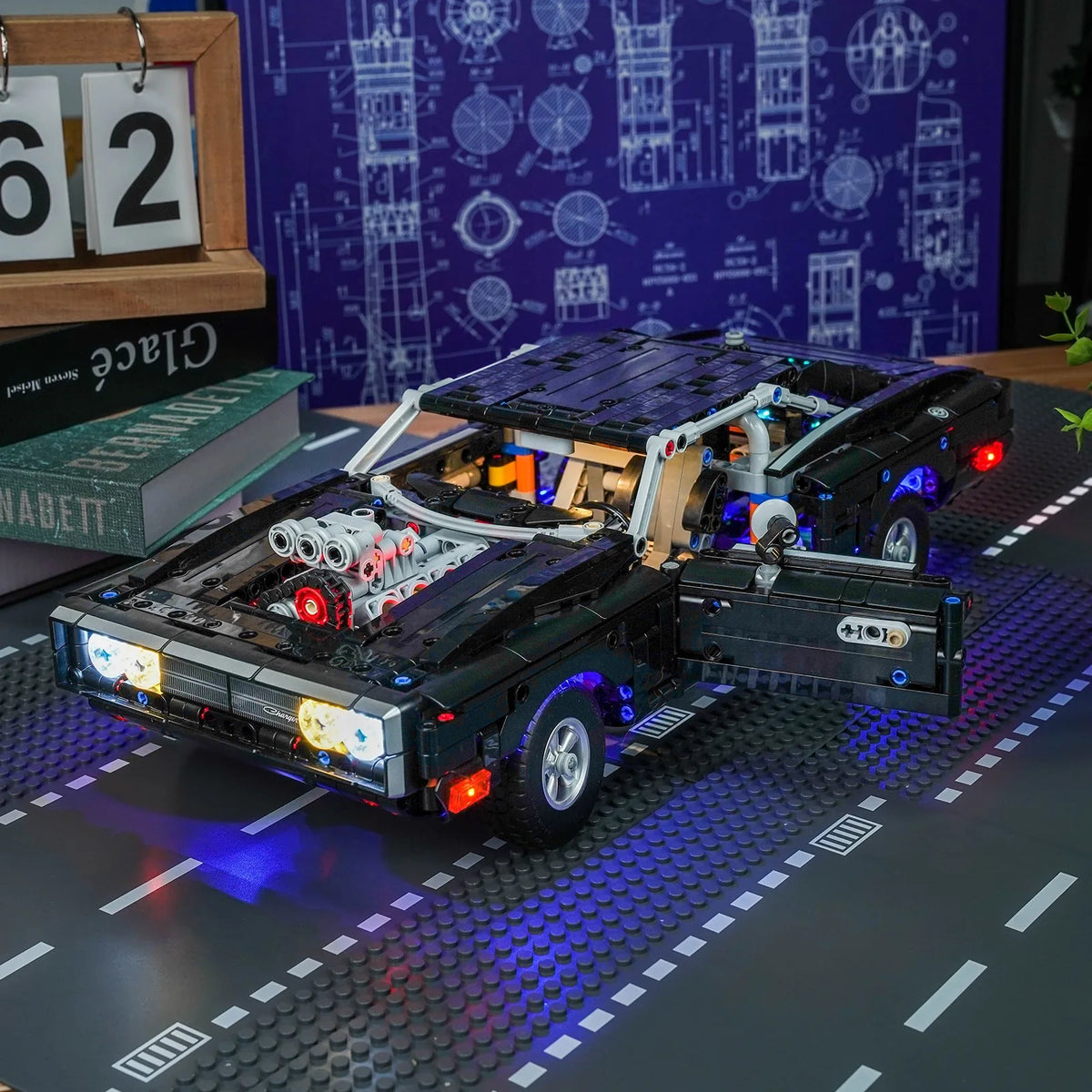 LEGO® Technic Fast and Furious Dodge Charger R/T #42231 warm LED glow detail, with the USB-powered LED light kit