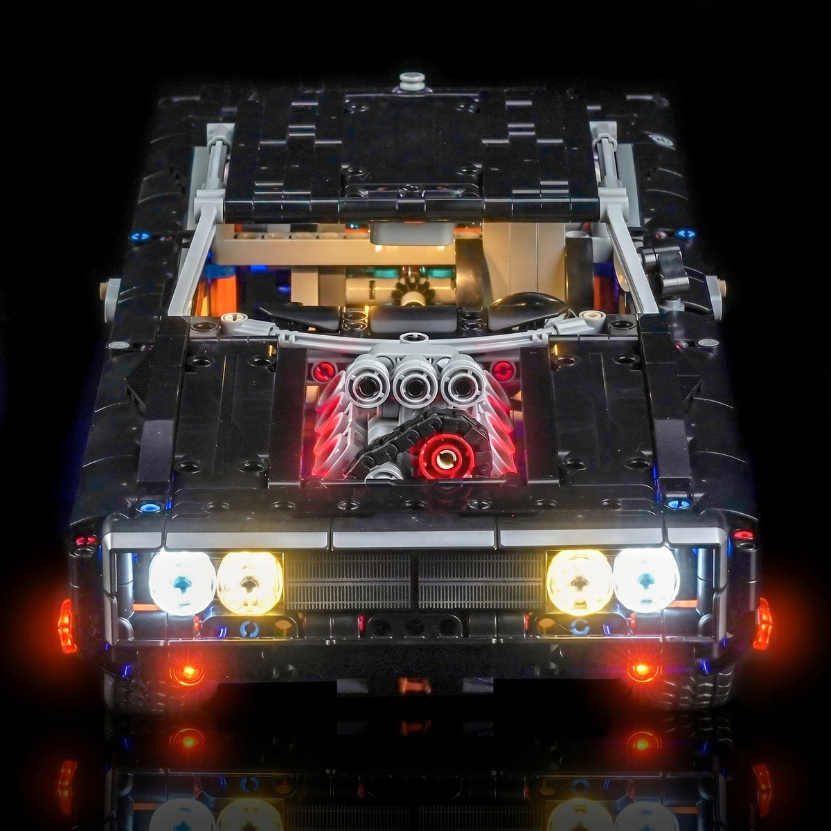 USB-powered LED light kit for LEGO® Technic Fast and Furious Dodge Charger R/T #42231, display lighting in a dark room