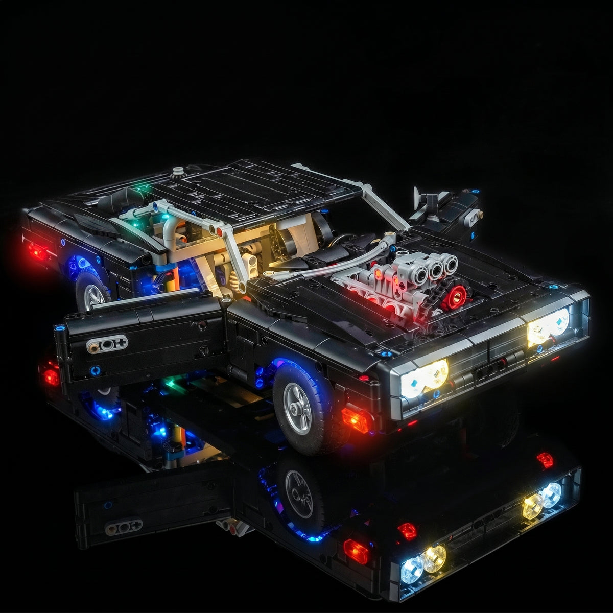 custom LED lighting for LEGO® Technic Fast and Furious Dodge Charger R/T #42231, front view fully lit