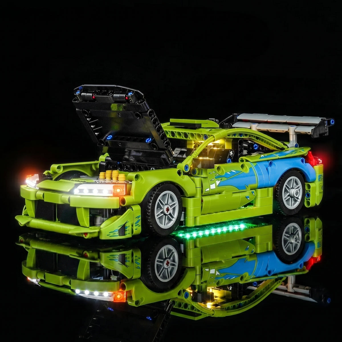 LEGO® Technic Fast and Furious Mitsubishi Eclipse #42229 night-mode display glow, with the DIY LED light kit