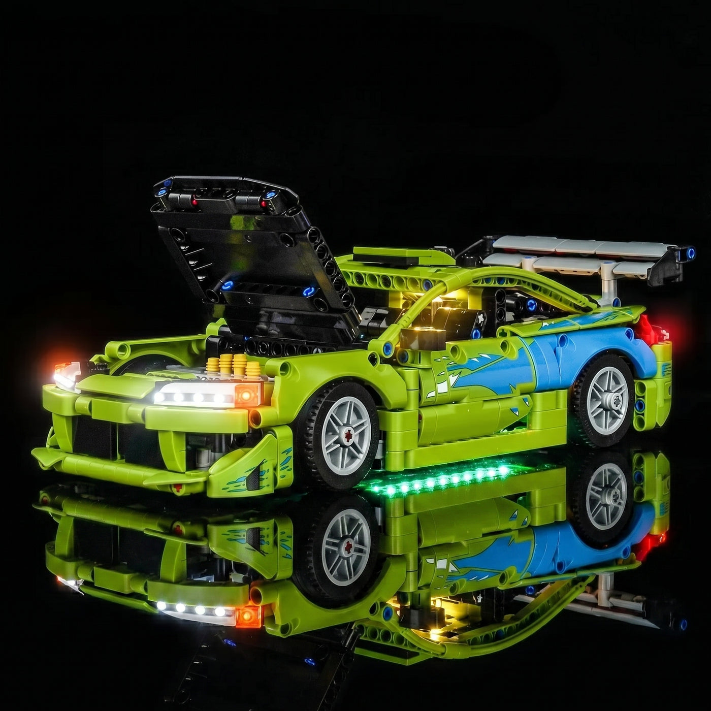 LEGO® Technic Fast and Furious Mitsubishi Eclipse #42229 night-mode display glow, with the DIY LED light kit