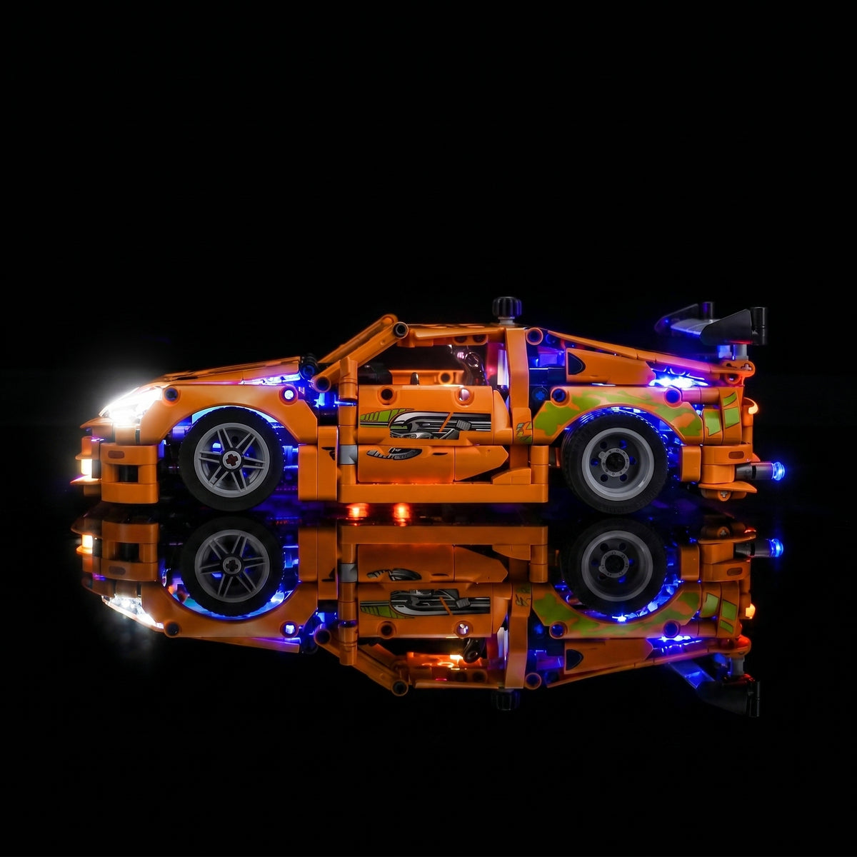 LEGO® Technic Fast and Furious Toyota Supra MK4 #42204 brightened interior detail, with the LED light kit