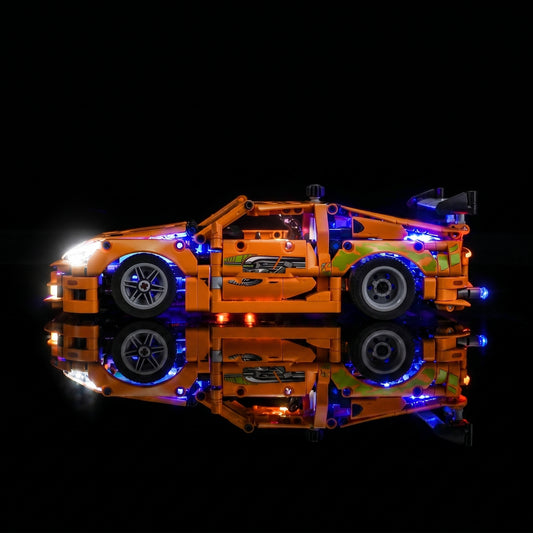 LEGO® Technic Fast and Furious Toyota Supra MK4 #42204 brightened interior detail, with the LED light kit