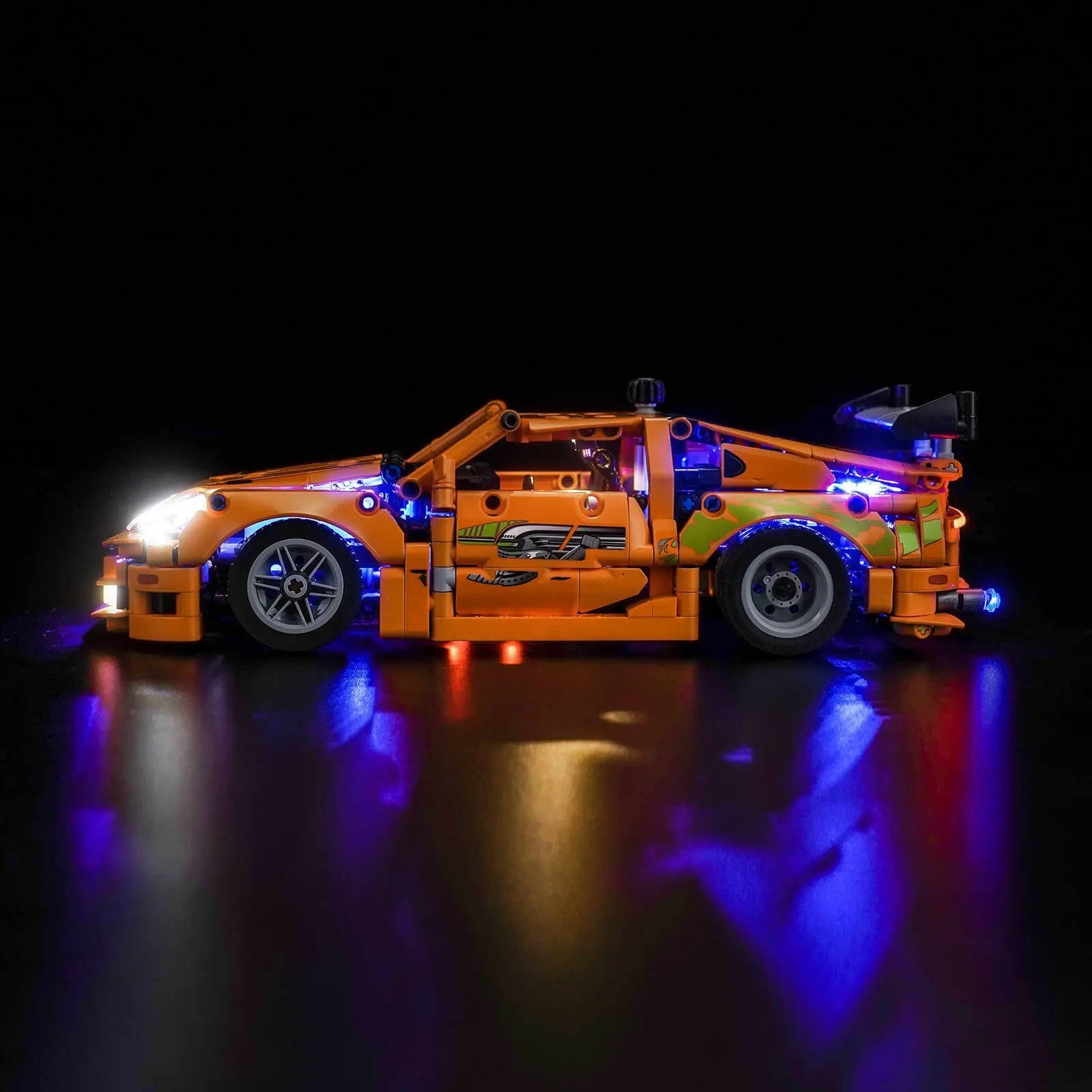 Close-up of LED lights on LEGO Technic Fast and Furious Toyota Supra MK4 #42204