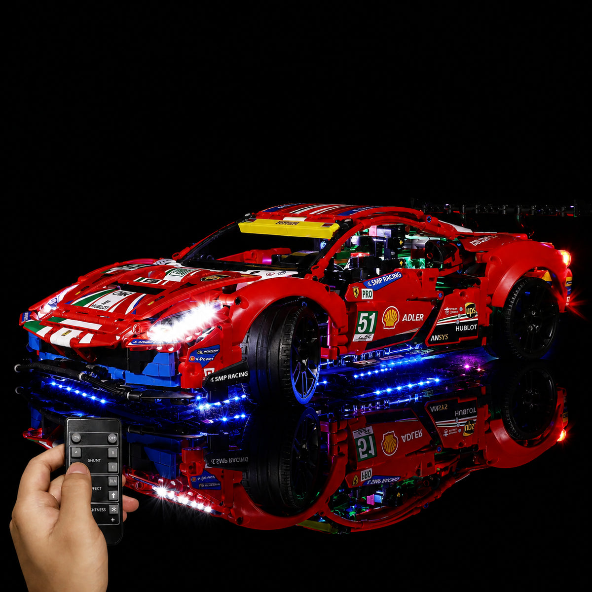 Bright My Bricks LED light kit for LEGO® Technic Ferrari 488 GTE “AF Corse #51” #42125 — before-and-after lighting