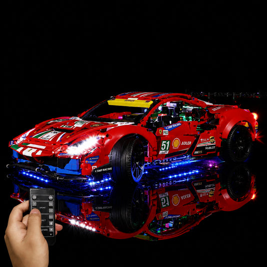 Bright My Bricks LED light kit for LEGO® Technic Ferrari 488 GTE “AF Corse #51” #42125 — before-and-after lighting