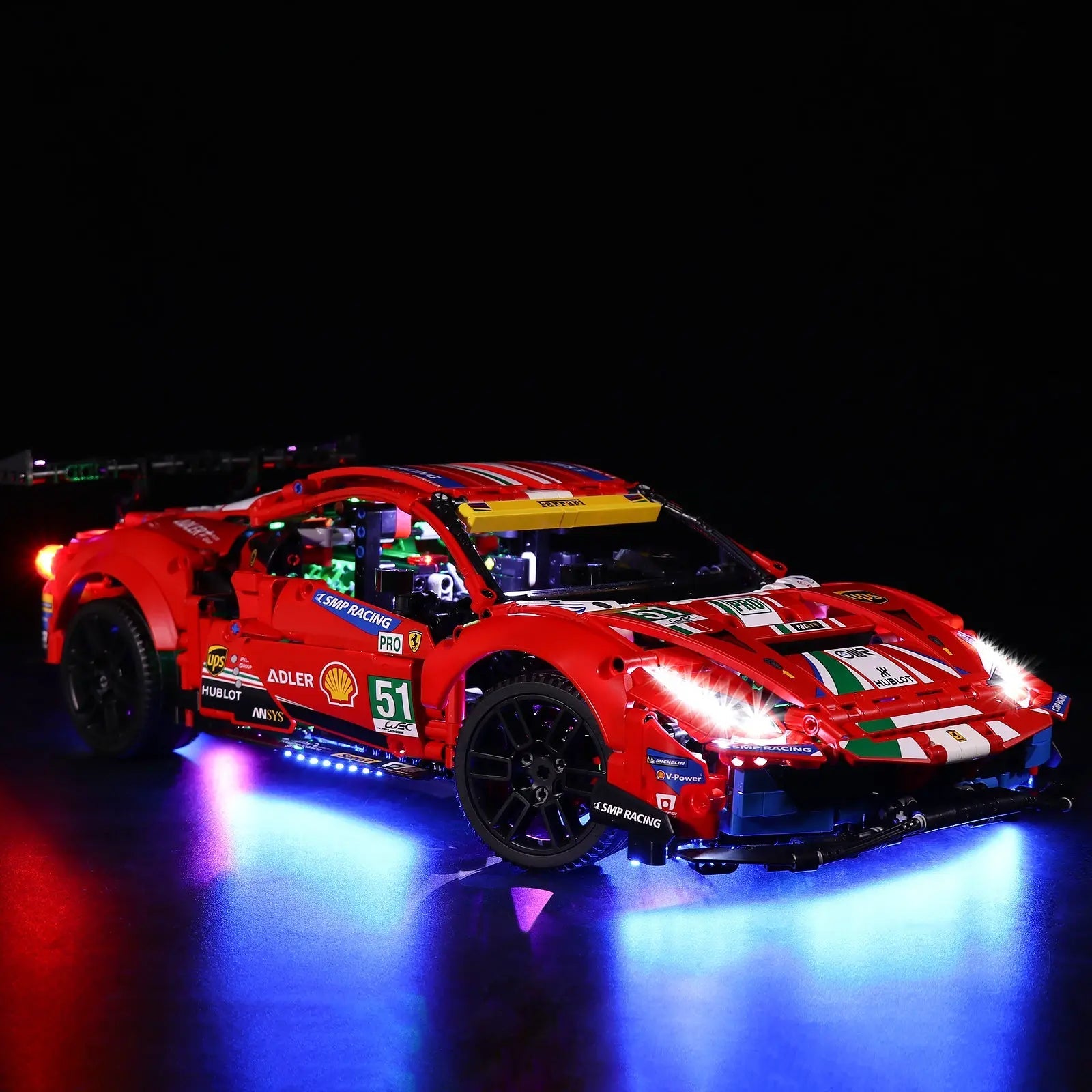 LEGO Technic Ferrari 488 GTE “AF Corse #51” #42125 illuminated at night
