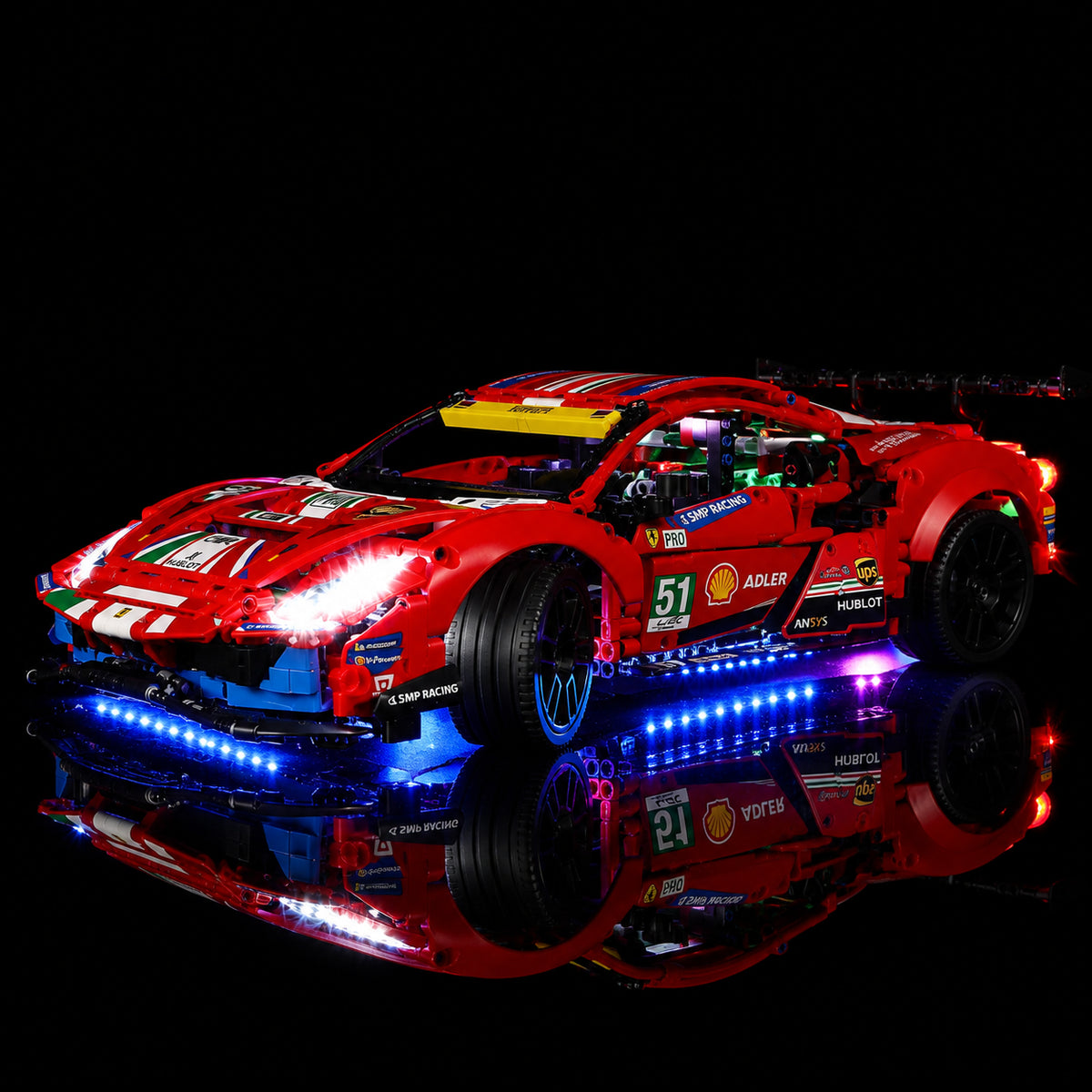 warm LED glow detail: Bright My Bricks LED lighting kit for LEGO® Technic Ferrari 488 GTE “AF Corse #51” #42125