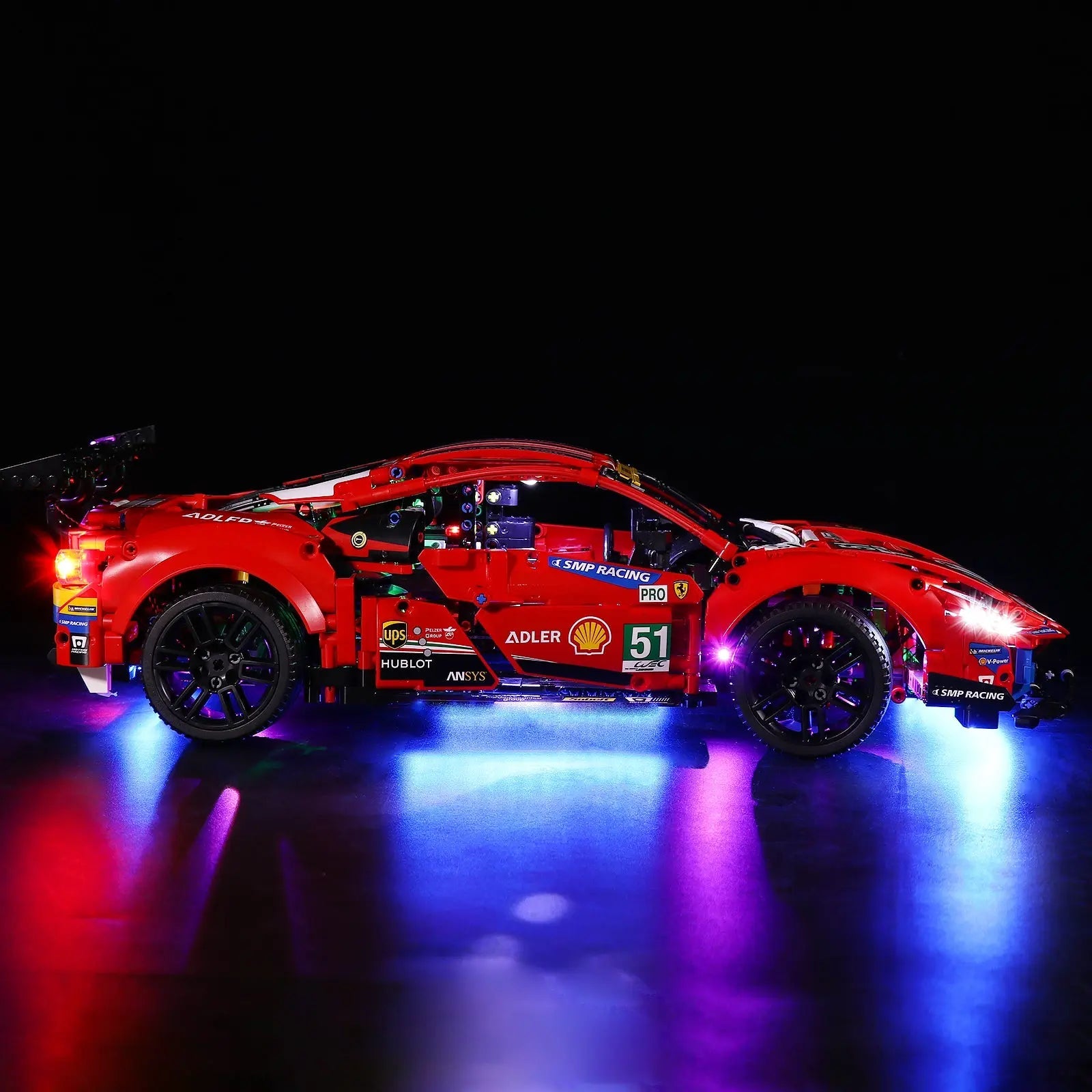 Close-up of LED lights on LEGO Technic Ferrari 488 GTE “AF Corse #51” #42125