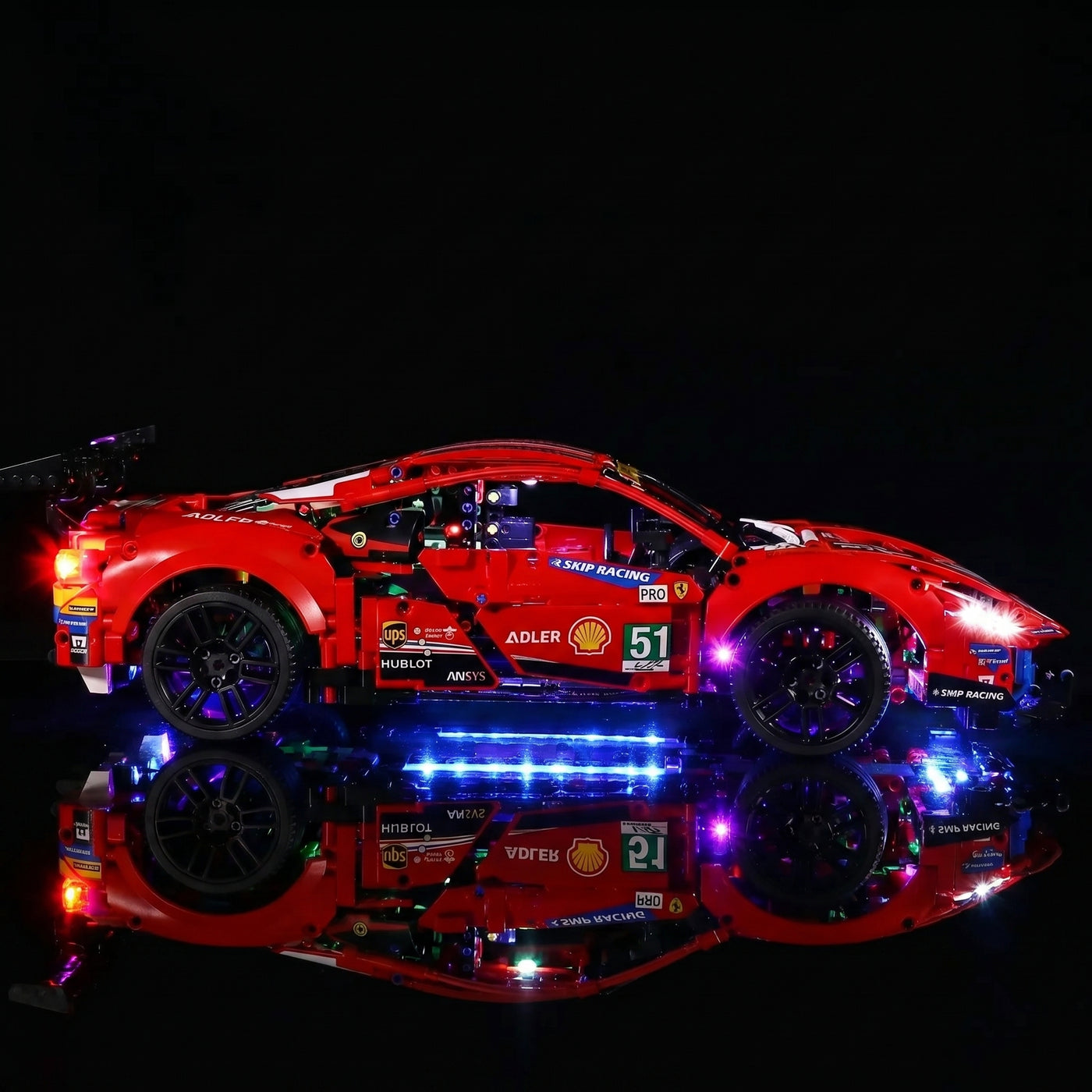 installed and glowing: Bright My Bricks DIY LED light kit for LEGO® Technic Ferrari 488 GTE “AF Corse #51” #42125